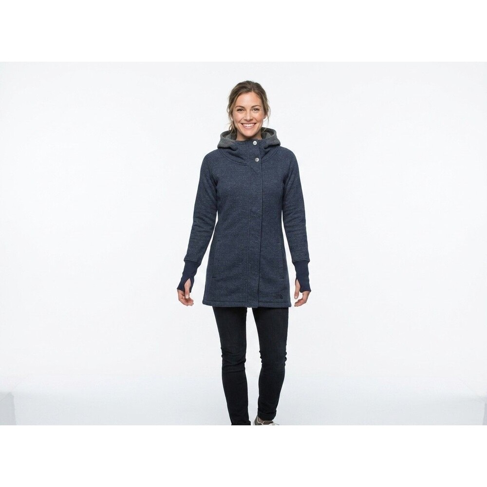 The North Face Pseudio Jacket Navy Heather Fleece Lined Wrap Hooded Womens M EUC